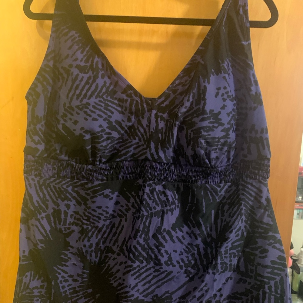 Purple and blue swim top.
